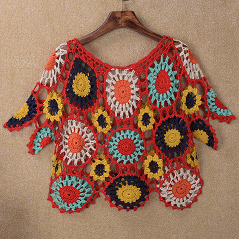 Handmade Crochet Hollow-out Floral Beach Blouse Sleeve Top