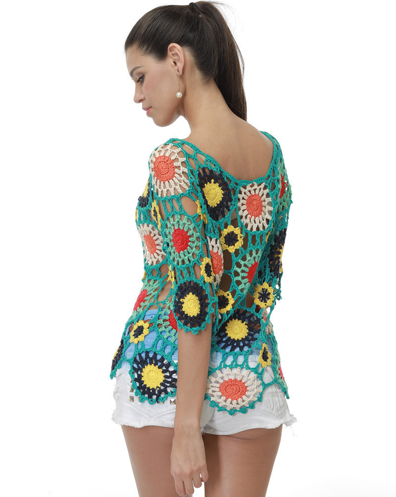 Handmade Crochet Hollow-out Floral Beach Blouse Sleeve Top