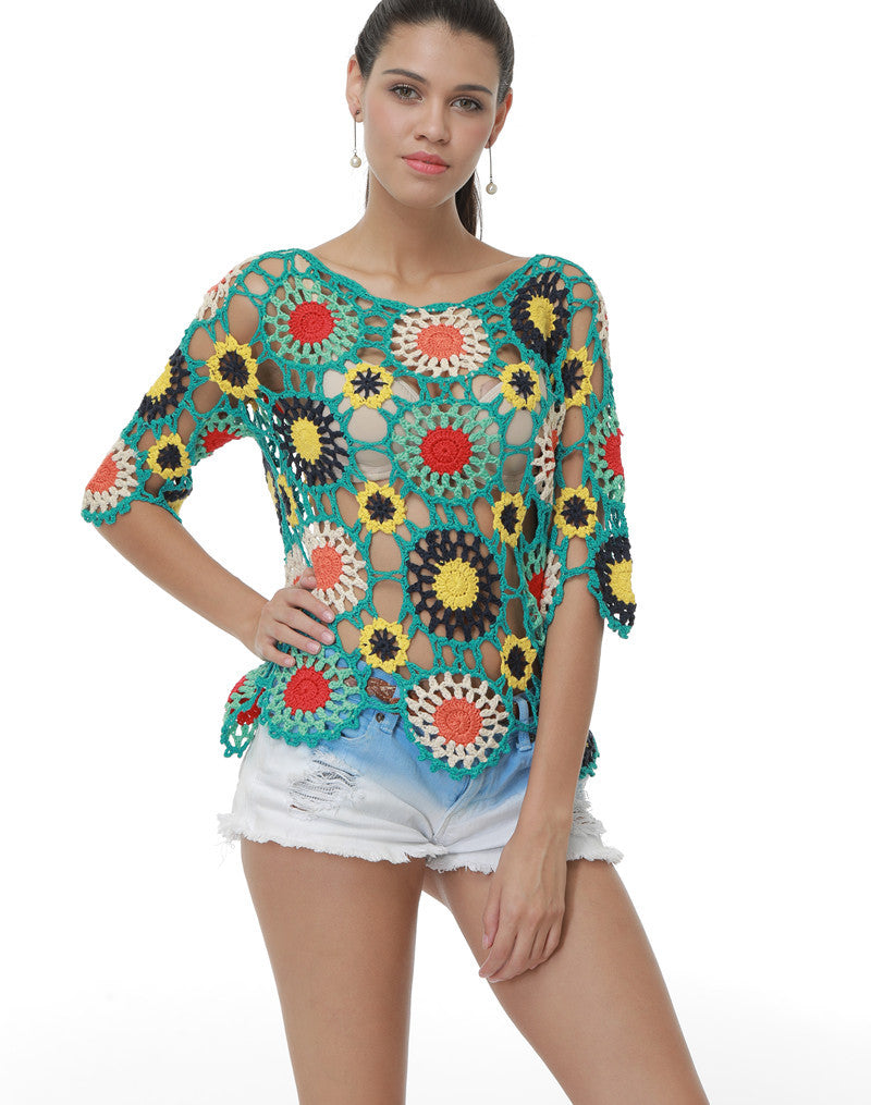 Handmade Crochet Hollow-out Floral Beach Blouse Sleeve Top