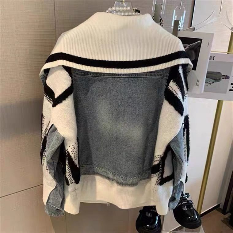 Sweater Patchwork Denim Jacket Spring And Autumn Leisure Design Sense