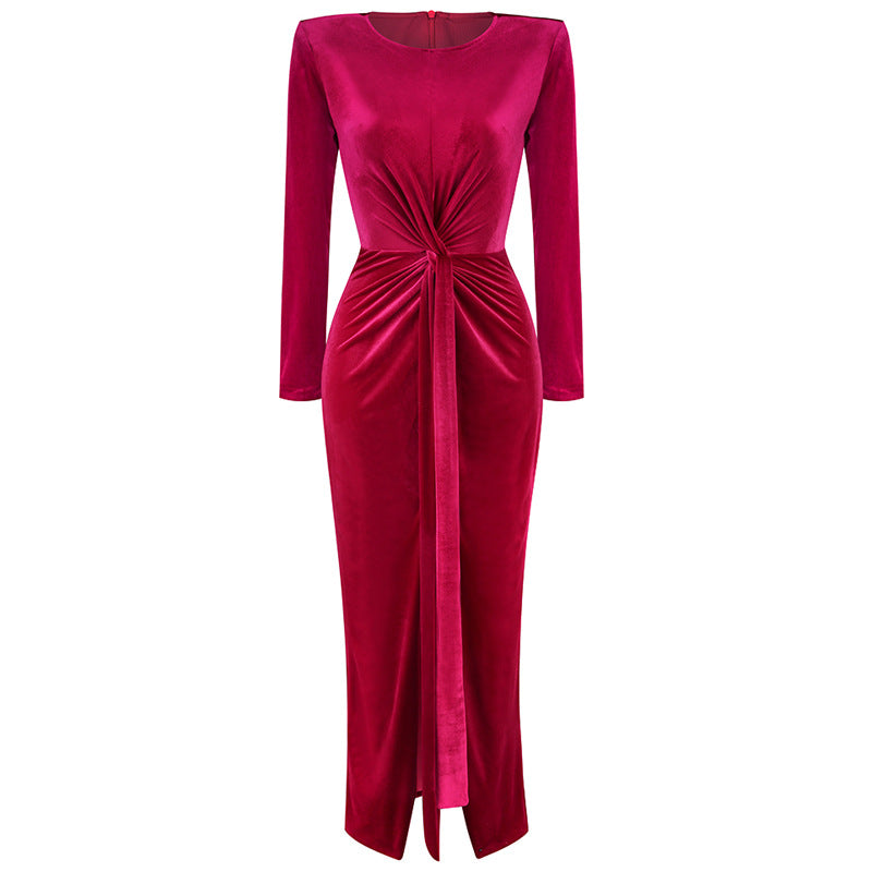 Women's Fashion Round Neck Pleated Zou Velvet Dress Tight Split Dress