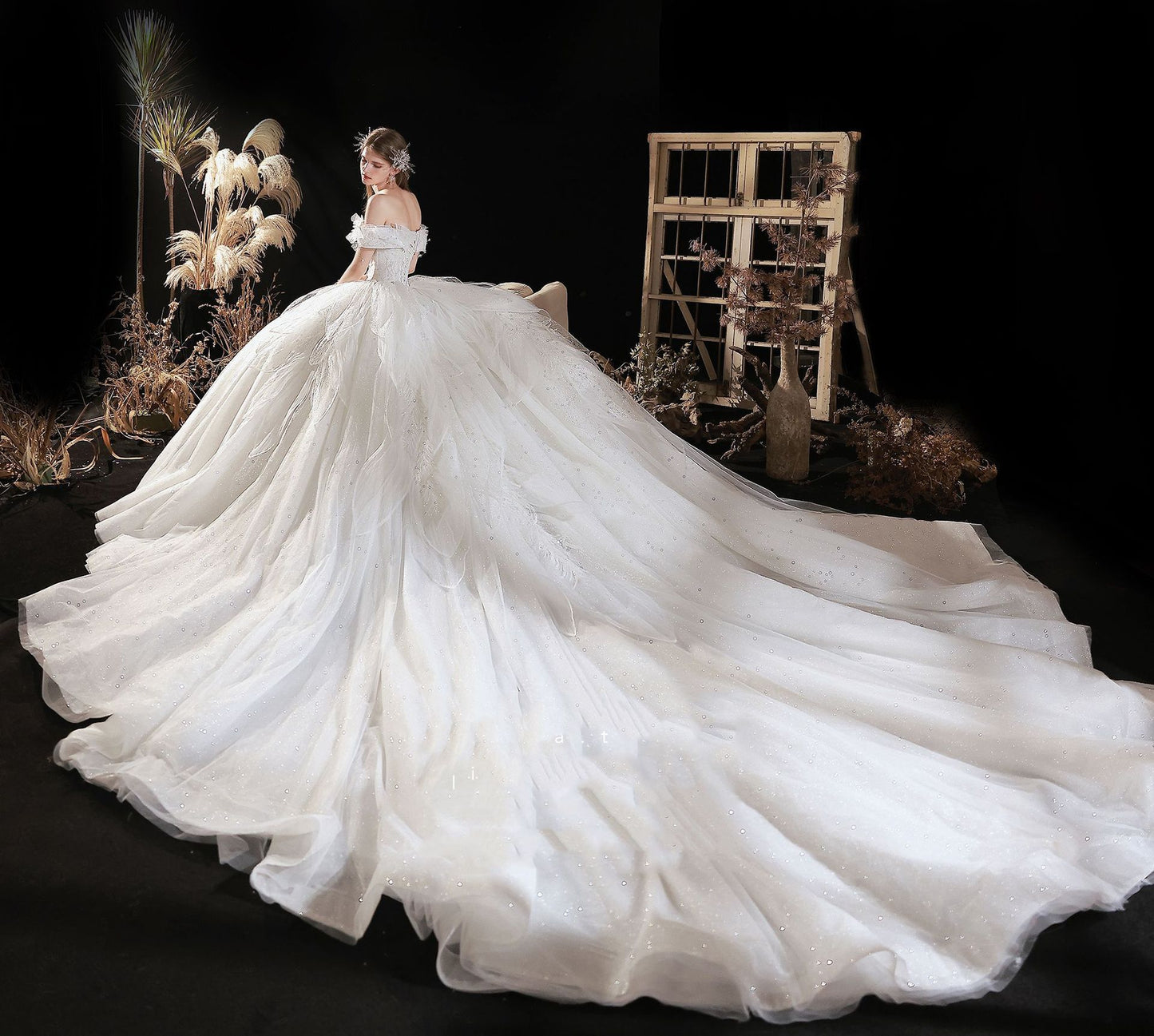 Robe de mariée blanc cassé avec ciel étoilé La jupe moelleuse de la nouvelle mariée semble plus mince