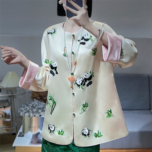 Haut de manteau Panda brodé de couleur contrastée pour femmes