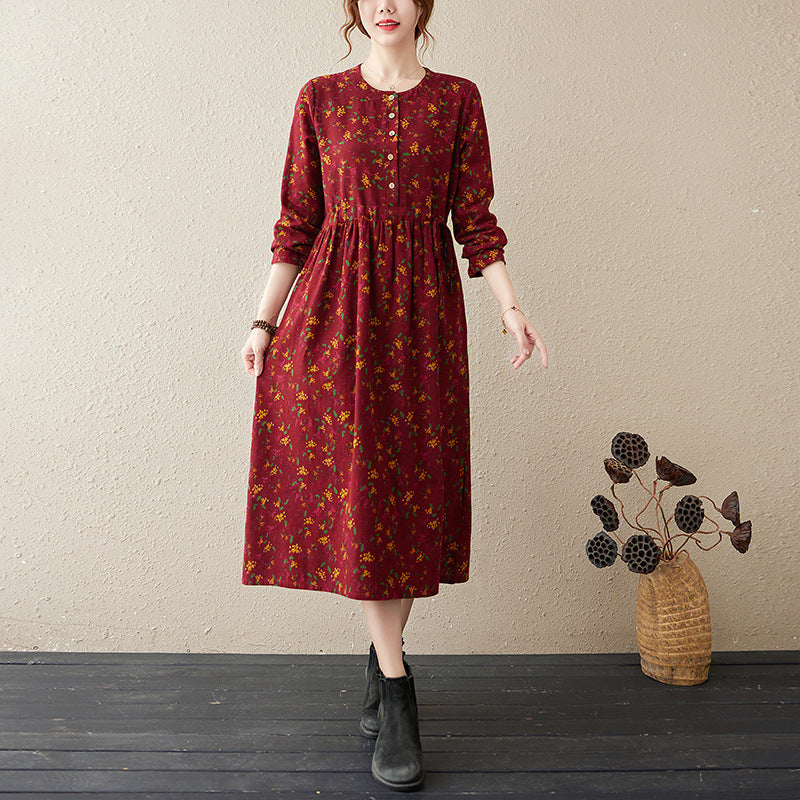 Artistic Vintage Floral Cotton And Linen Long-sleeved Dress