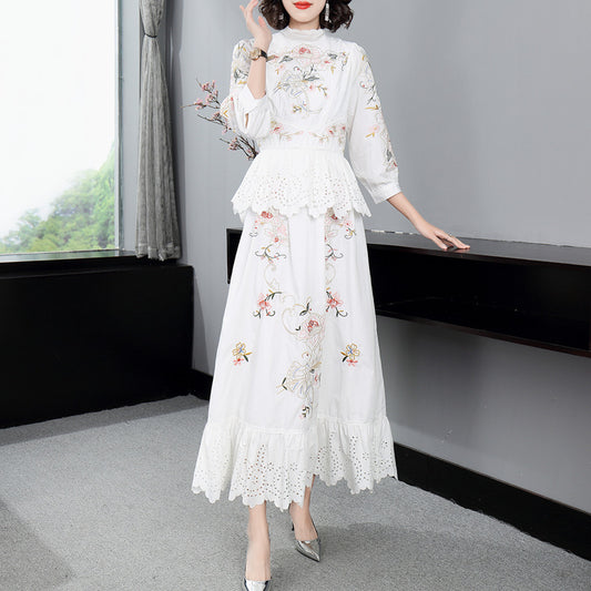 Small Stand Collar Embroidered Flower Patchwork Decorative Long Dress