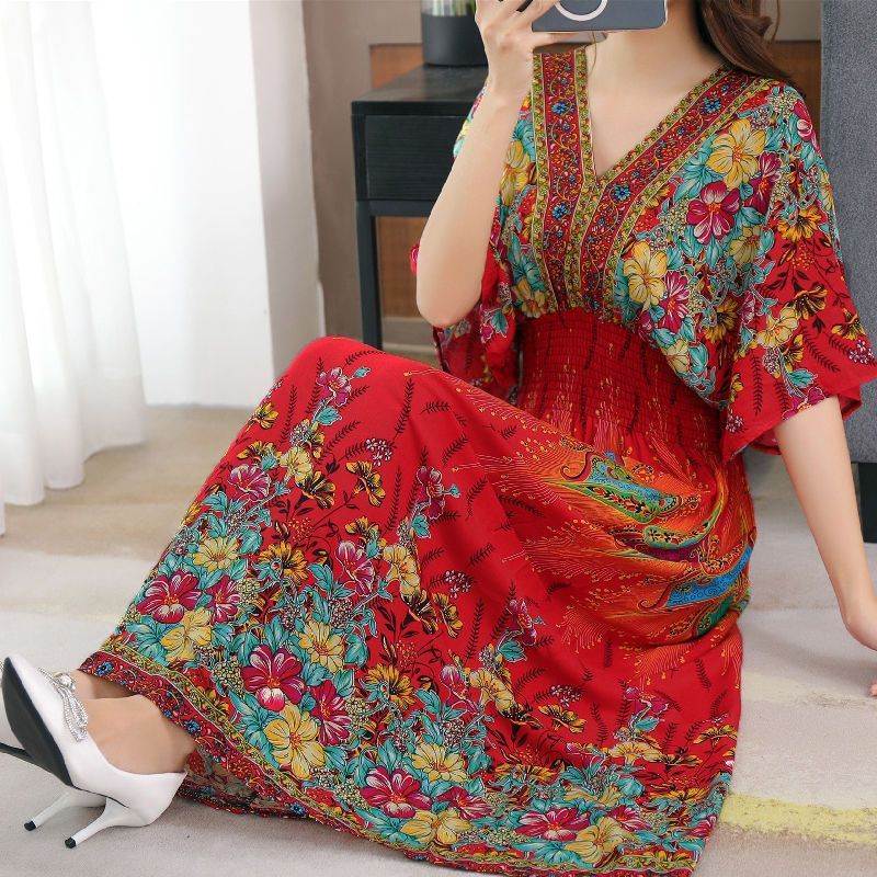 Women's Vintage Printed Cotton Silk Floral Dress