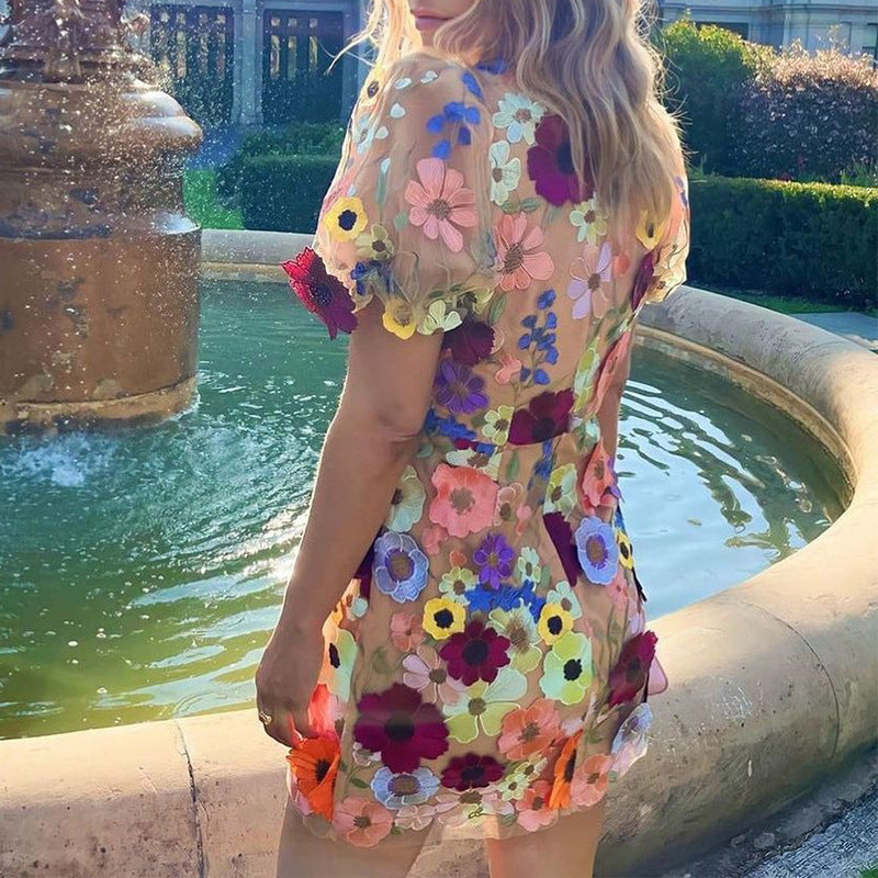 Vestido elegante con manga farol y flores tridimensionales con cuello en V para mujer