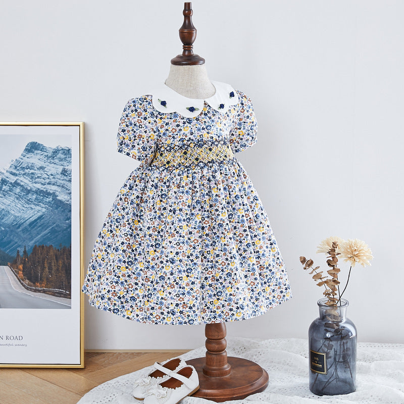 Robe d'été pour filles, tenue de princesse brodée à la main, col de poupée, vêtements floraux pour enfants, en coton, nouvelle collection