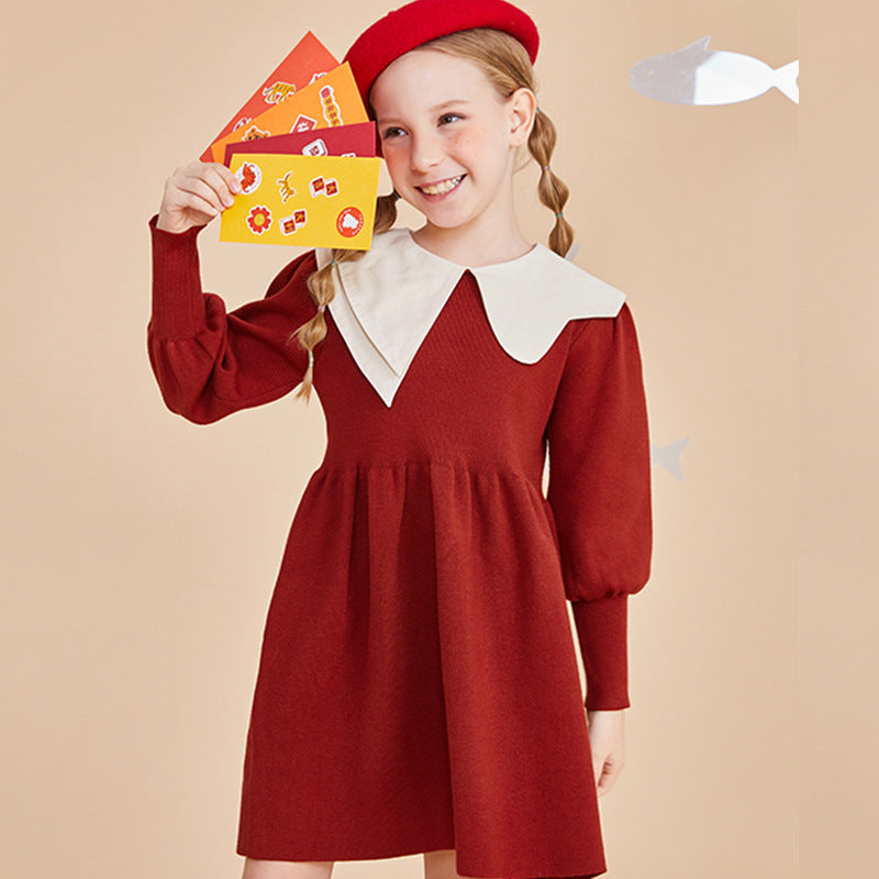 Vestido de lana rojo para niñas de otoño e invierno