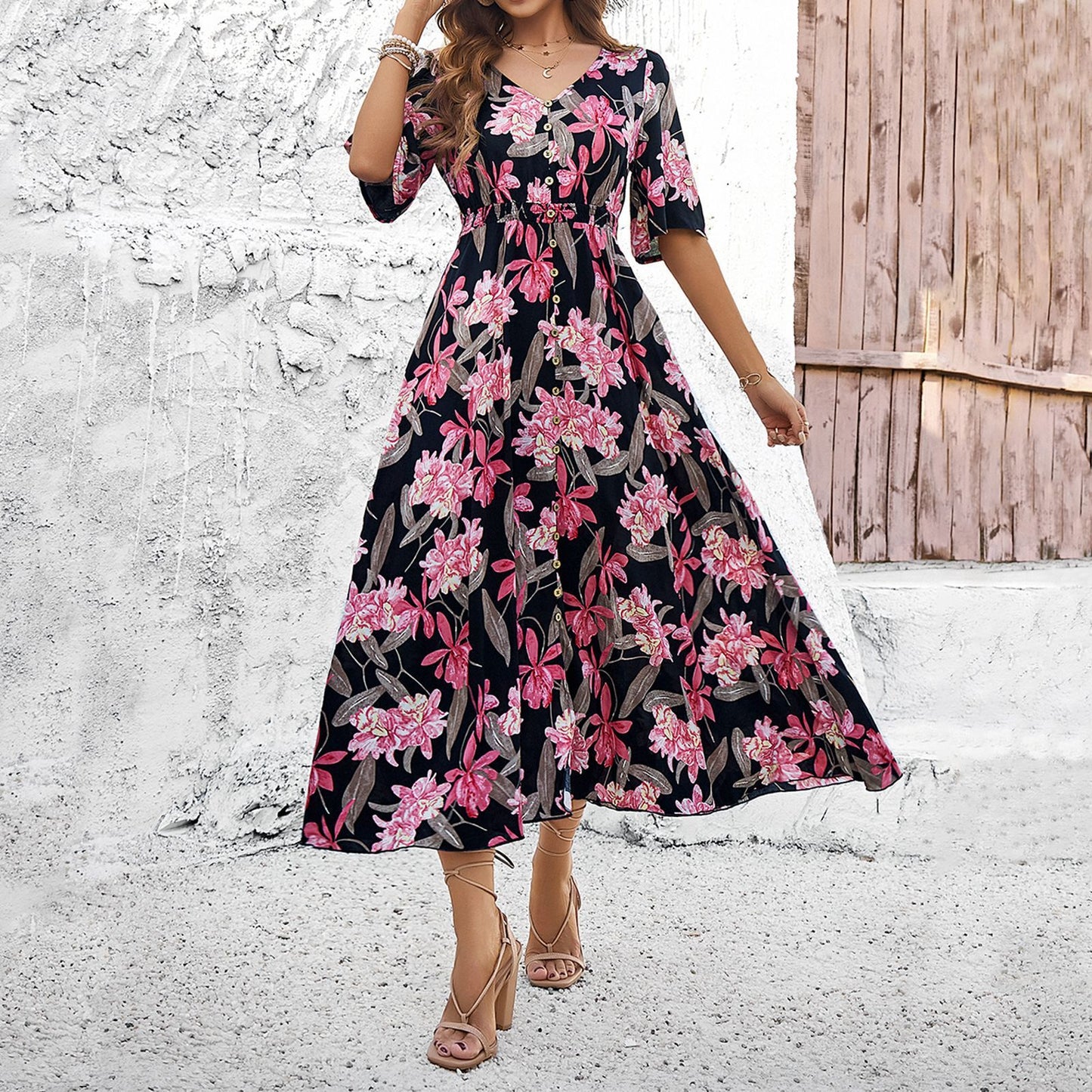 Vestido casual con abertura y estampado floral para mujer