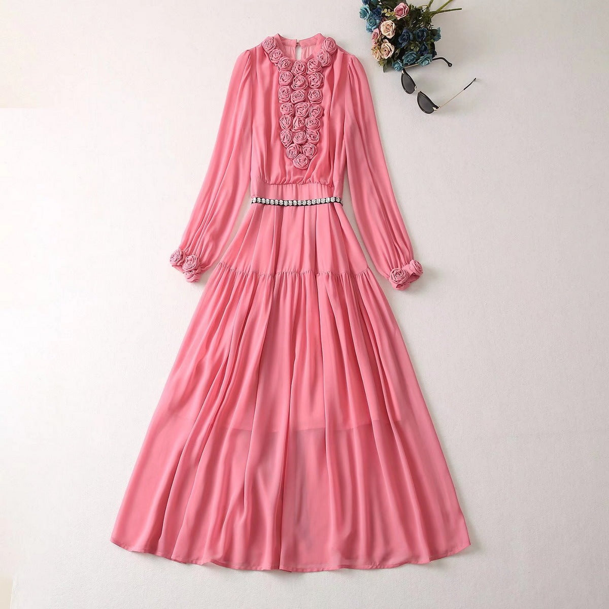 Chiffon Big Swing Long Skirt Long Sleeve Three-dimensional Plate Flower Rhinestone Belt Dress