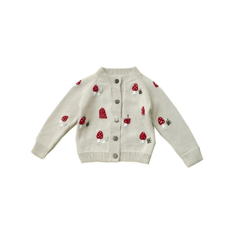 Cardigan tricoté en forme de champignon brodé à la main pour enfants