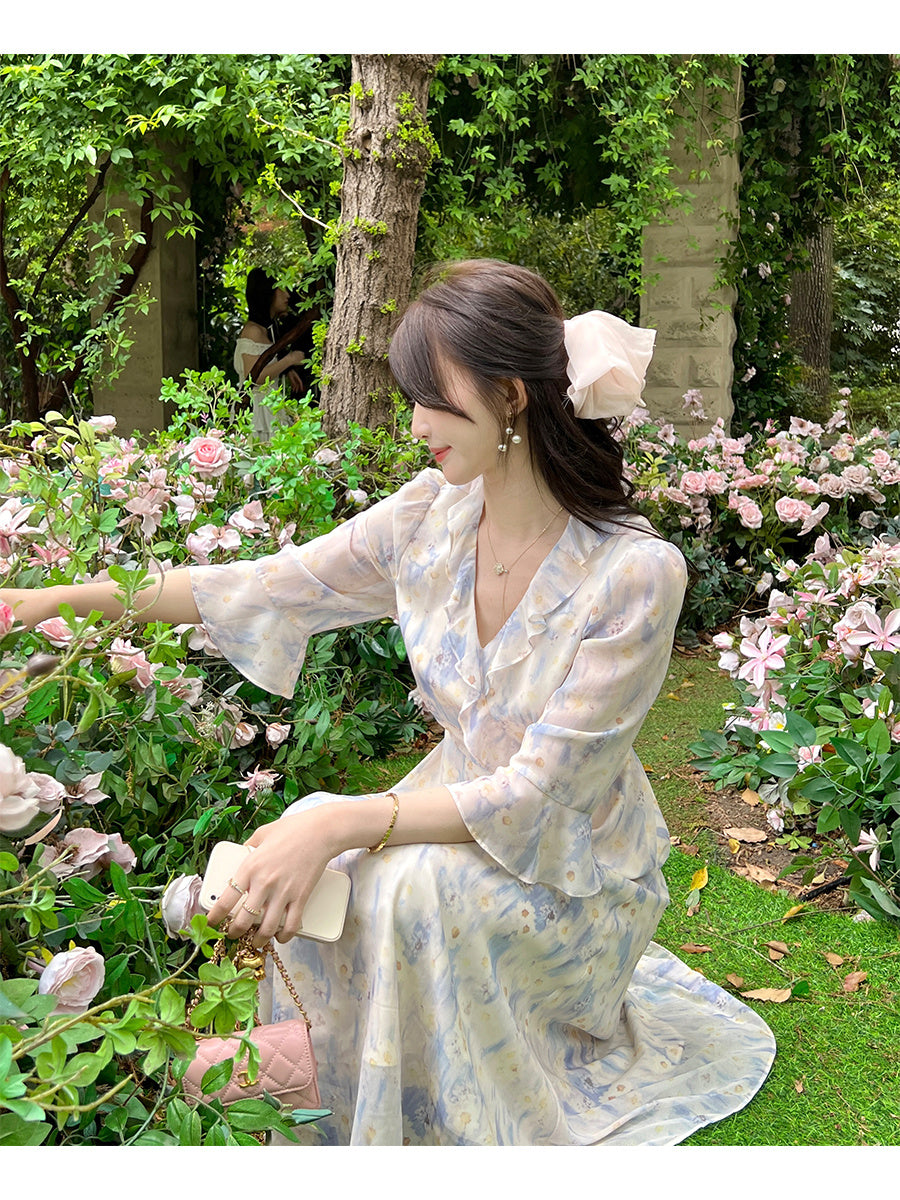 Robe à fleurs fragmentées au tempérament cool pour femmes