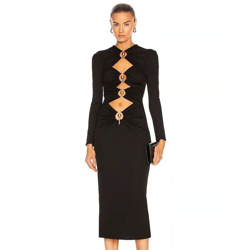 Long Sleeve Iron Hoop Pierced Black Bandage Long Dress