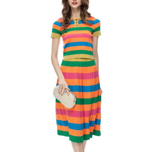 Ensemble de robe mi-longue en tricot coloré pour femmes, décontracté, imprimé, à la mode, haut rayé