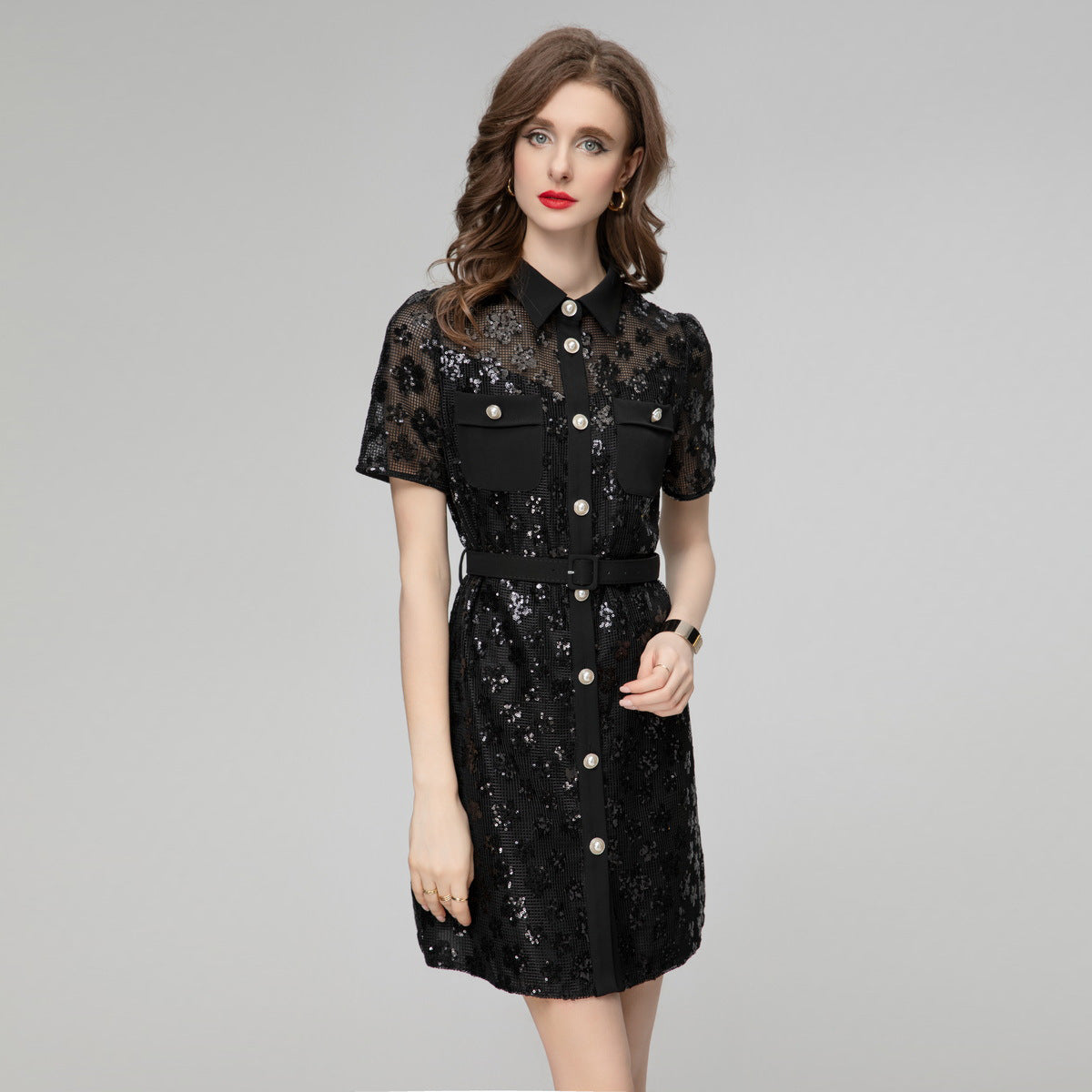 Lapel Short Sleeve Plaid Sequin Fashion Dress