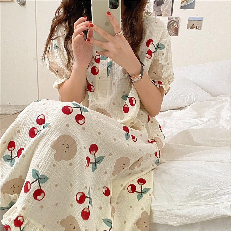 Women's Pajamas Sweet And Cute Big Cherry Print Loose Homewear Nightdress Dress