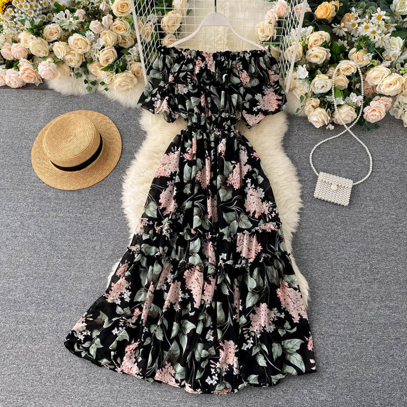 Chiffon Summer Skirt Floral Neckline Dress