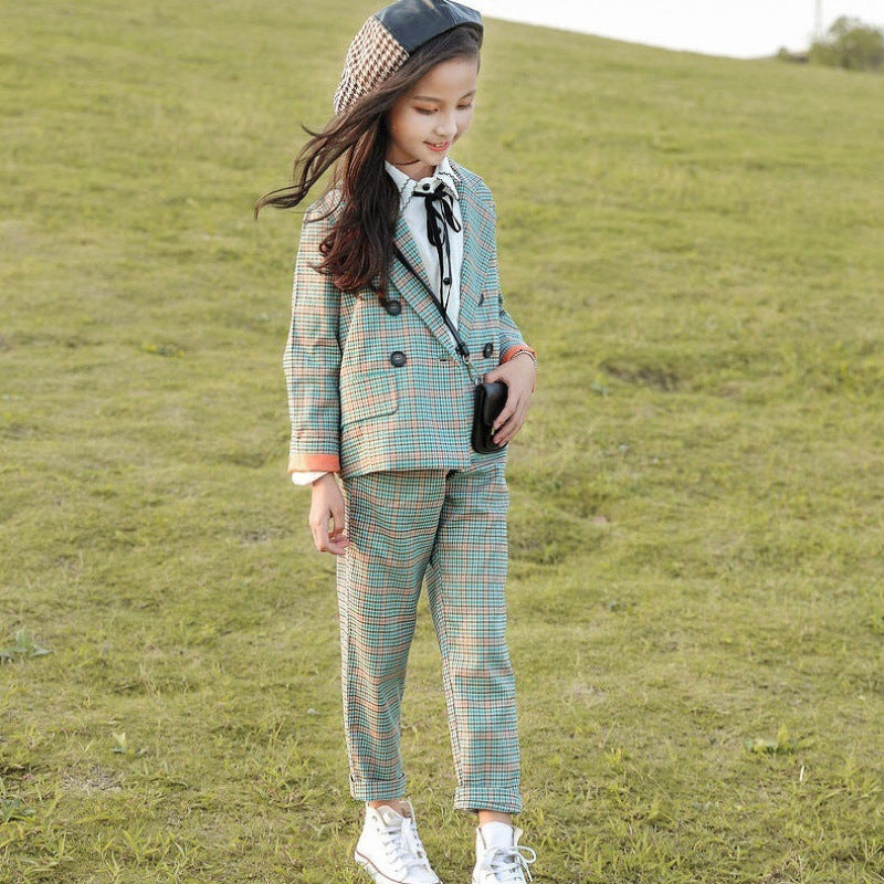 Middle And Large Children's Plaid Spring And Autumn Girls Two-piece Suit