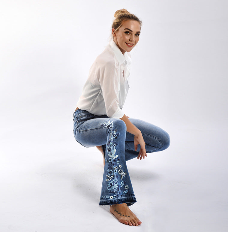 Pantalones de mezclilla acampanados para mujer, pantalones de mezclilla con bordado a máquina en 3D, pantalones de mezclilla de otoño para mujer, pantalones de pierna ancha de talla grande