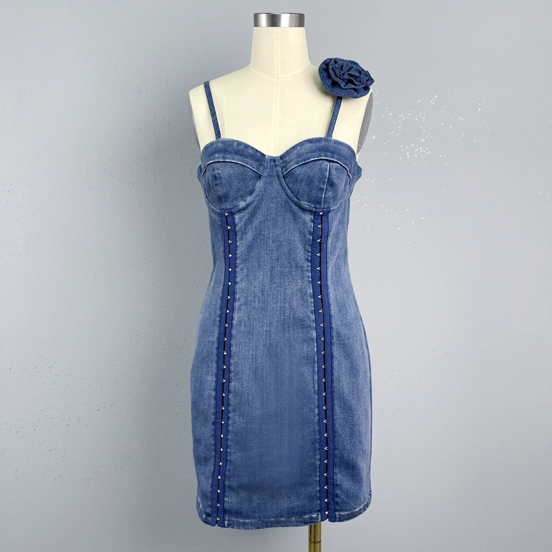 Robe en jean moulante à la taille pour femmes, décoration florale tridimensionnelle