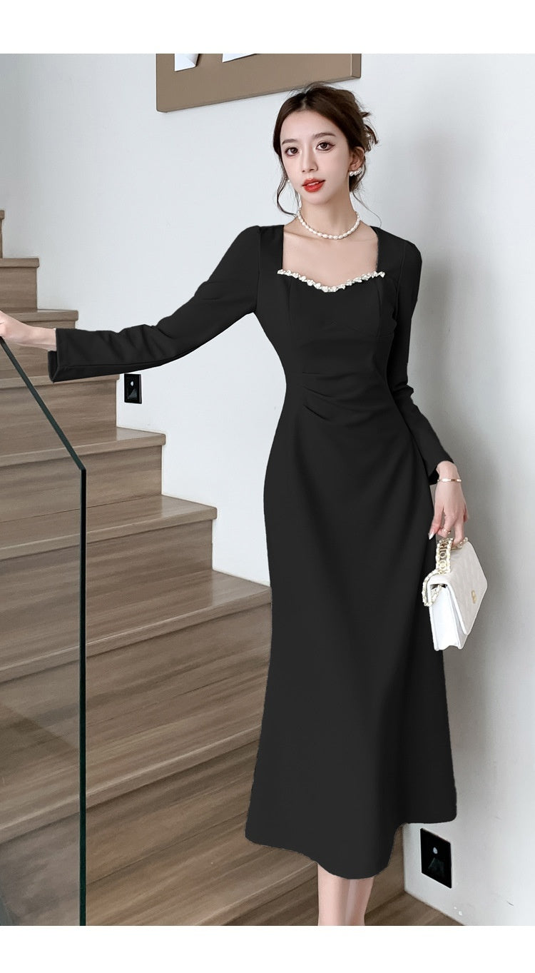 Robe à col carré de style Hepburn, rétro français, luxe abordable, à prix abordable