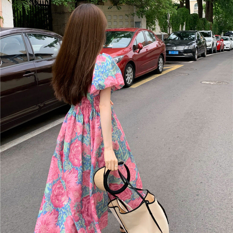 Women's Summer French Floral Square Collar Dress