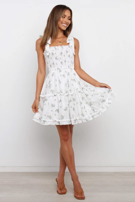 Vestido veraniego para mujer, vestido blanco estampado con tirantes de cintura alta, con tirantes y pajarita en el hombro, nueva moda