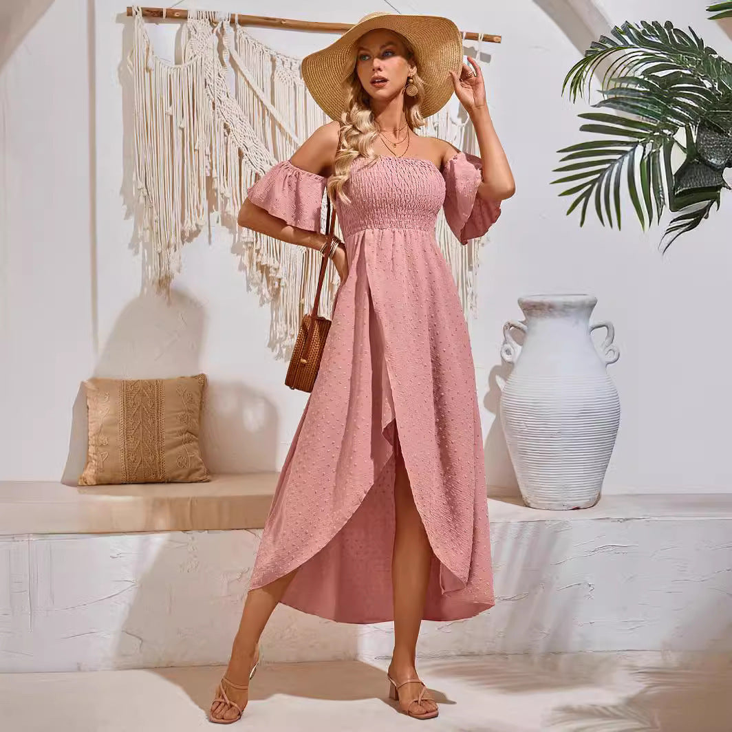 Robe longue plissée à volants, Sexy, épaules dénudées, fendue, mode d'été, vêtements de plage pour femmes