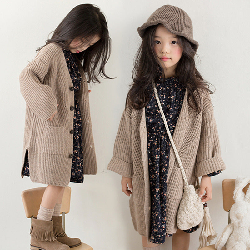 Cardigan Button Knitted Children's Thick Collar Sweater Girls Single Row