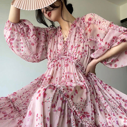 Robe douce à manches bouffantes pour pause thé, robe florale