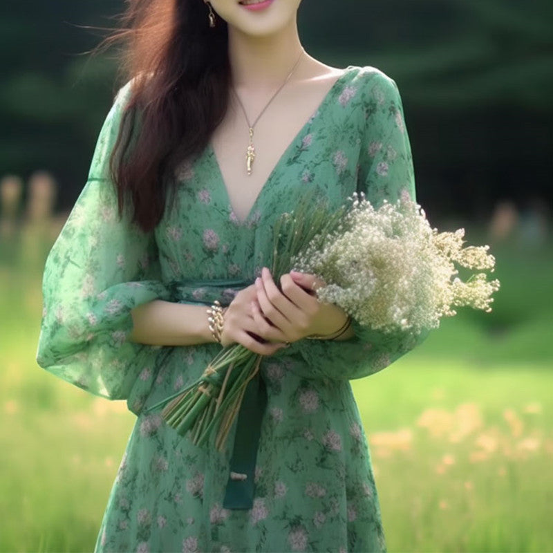 Holiday Green Floral Ladies Dress Sophisticated