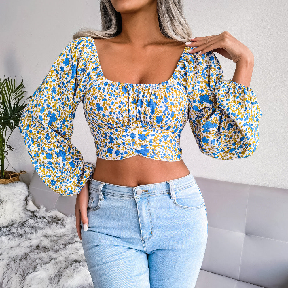 Lantern Sleeve Bow Floral Chiffon Shirt Vacation Cropped Top Women Clothing