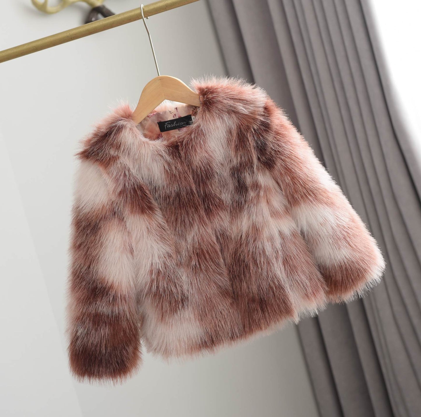 Girls' Woven Paint Contrast Fur Coat