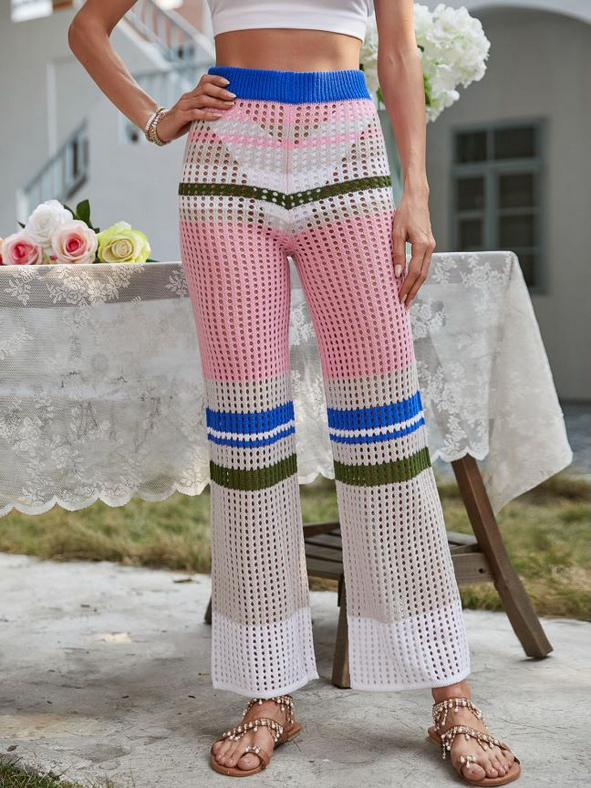 Pantalones de punto de cintura media con cintura elástica a la moda de primavera y verano de crochet, pantalones casuales rectos con costura de color