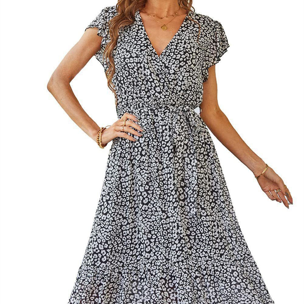 Robe à fleurs pour femmes, col en V, manches courtes