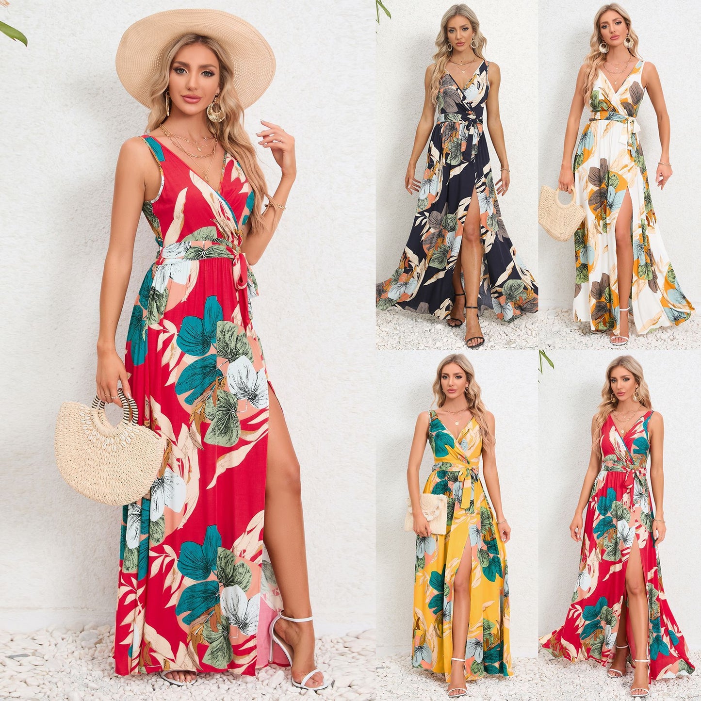 Vestido largo con cuello en V y estampado floral, vestido sin mangas con diseño de abertura en la cintura a la moda de verano para ropa de mujer