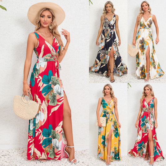 Robe longue à imprimé Floral, col en v, mode d'été, fente à la taille, sans manches, vêtements pour femmes