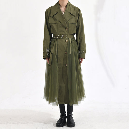 Manteau coupe-vent vert à coutures en maille de style coréen pour femmes