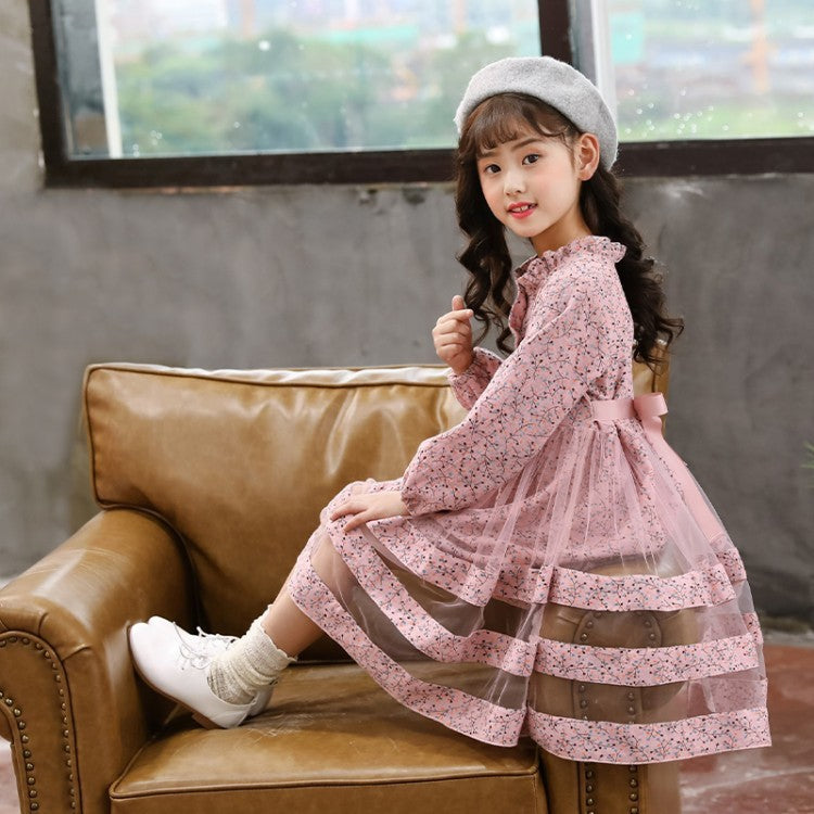 Children's Cute Long-sleeved Mesh Floral Dress