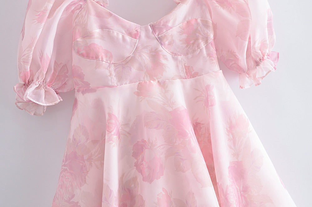 Robe de princesse rose à manches courtes en organza double couche printemps été transparente