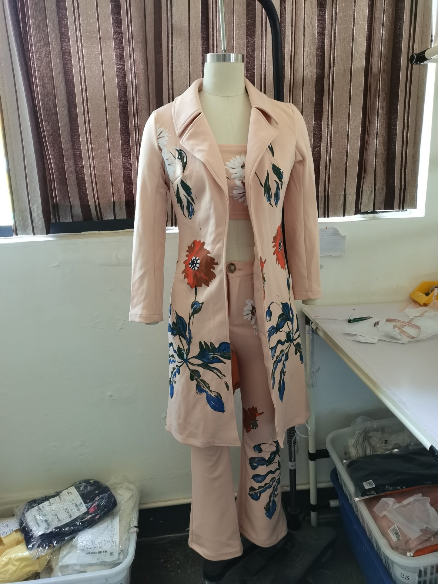 Conjunto de abrigo y gabardina con estampado floral largo para mujer, ropa de otoño e invierno