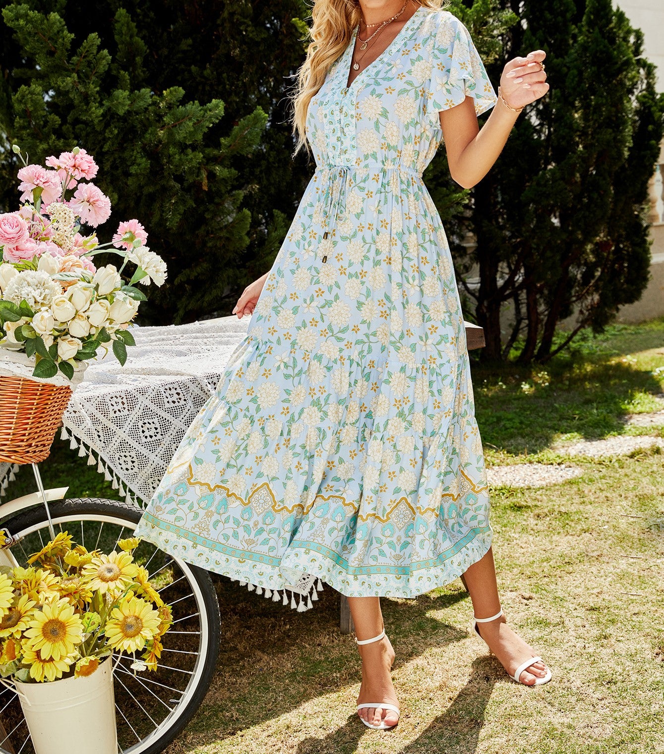 Vestido bohemio de manga corta con escote en V y estampado floral de rayón para mujer