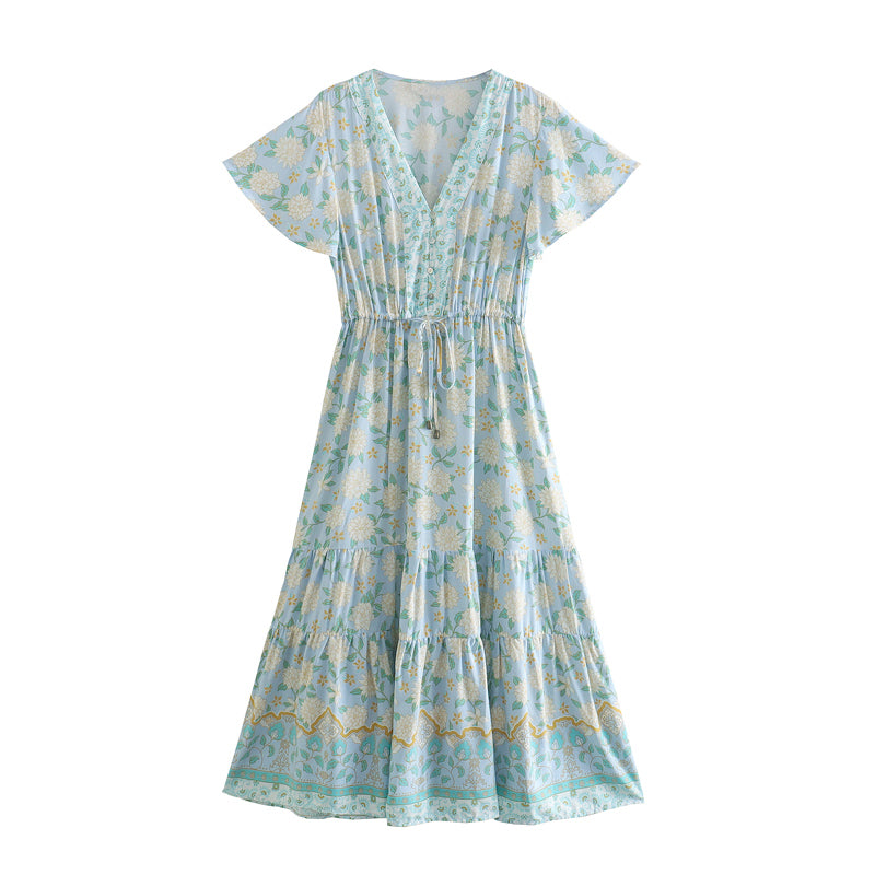 Vestido bohemio de manga corta con escote en V y estampado floral de rayón para mujer