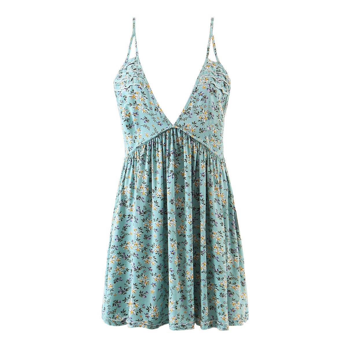 Vestido playero con cuello en V, floral, cintura ajustada, sin espalda, con tirantes para vacaciones