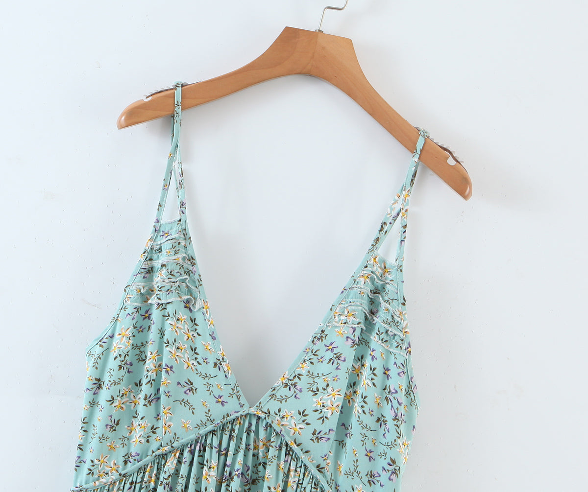 Vestido playero con cuello en V, floral, cintura ajustada, sin espalda, con tirantes para vacaciones