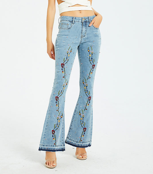 Women Wide-Leg Jeans Embroidered Flared Jeans Women Pants