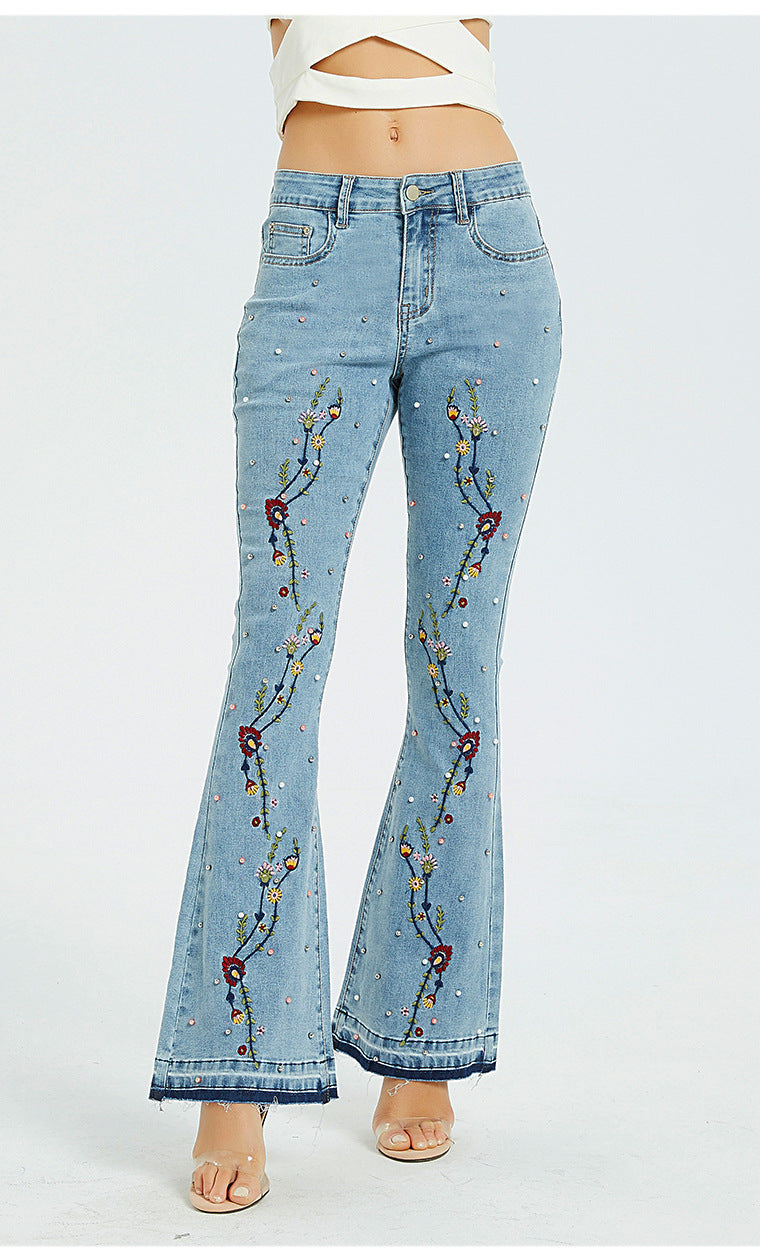 Women Wide-Leg Jeans Embroidered Flared Jeans Women Pants