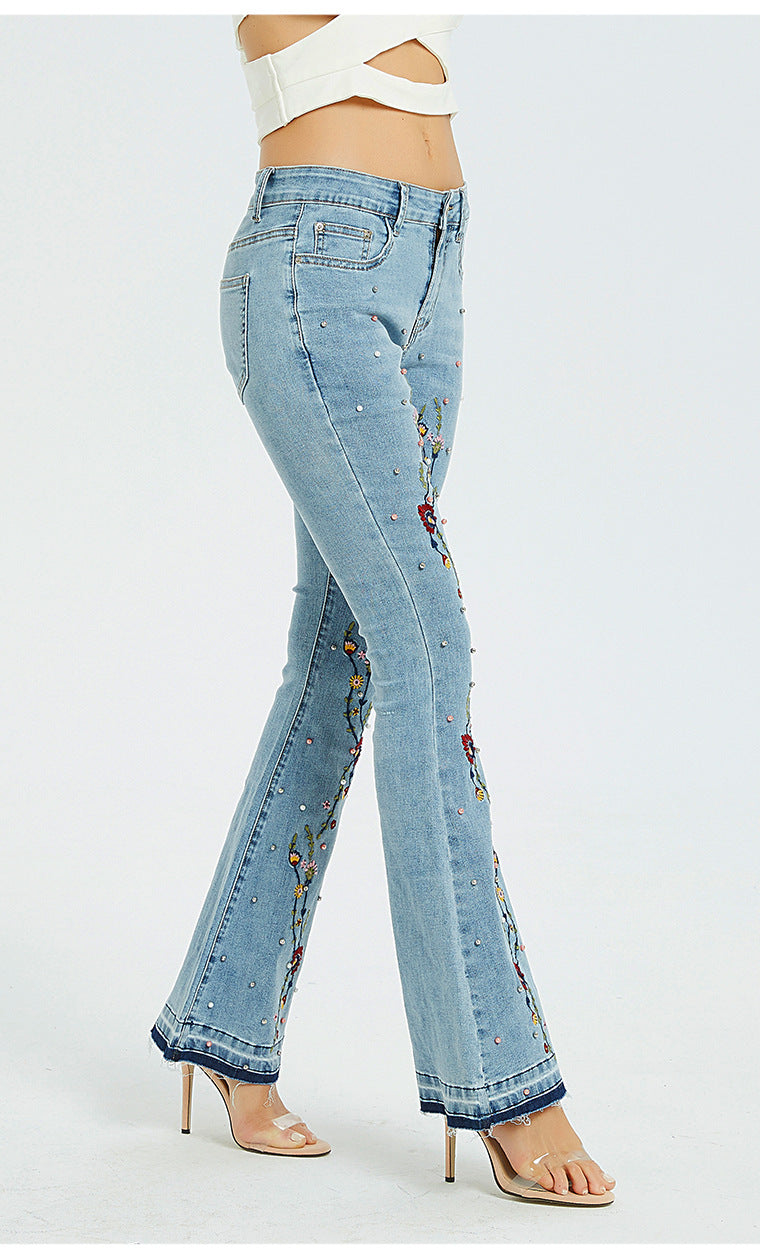 Women Wide-Leg Jeans Embroidered Flared Jeans Women Pants