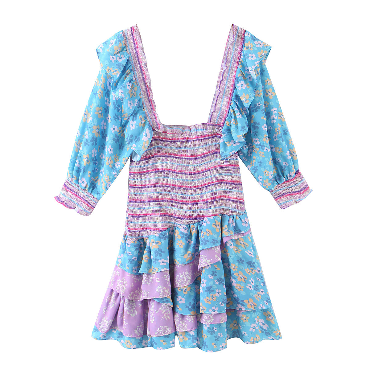 Début du printemps femmes vêtements col carré à volants conception robe imprimée pour les femmes smocké Patchwork Macthing